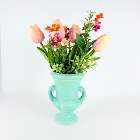 Antique Pottery Art Trophy Vase Small Aqua/Turquoise Handled 5.5x4x5 Inches - Picture 14 of 15